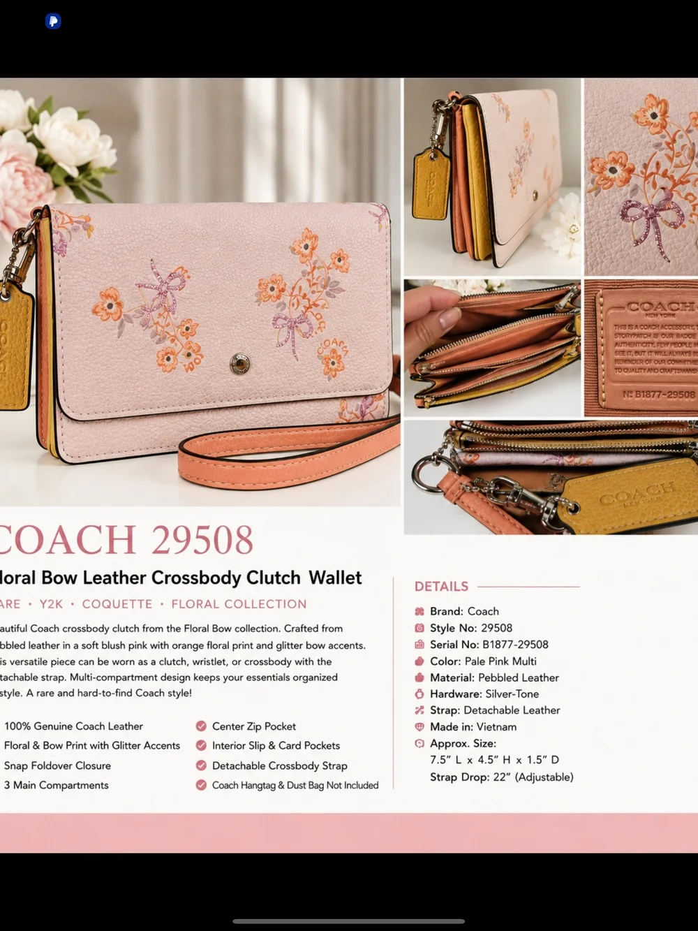 Coach Pale Pink Multi Floral Bow Leather Crossbody Clutch
